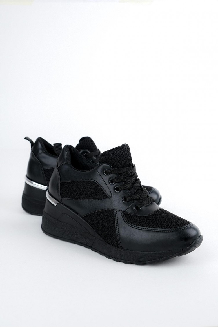 Siyah Fileli Dolgu Topuklu Sneaker Bağcıklı Spor Ayakkabı Pily Siyah |  Sefamerve