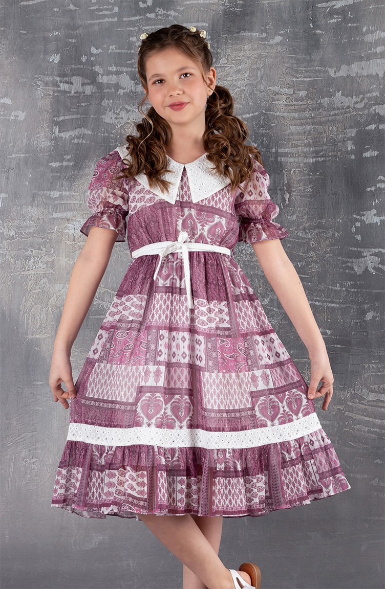 Dantel Yakalı Kuşaklı Kız Çocuk Elbise TVD2262S-01 Mor | Sefamerve