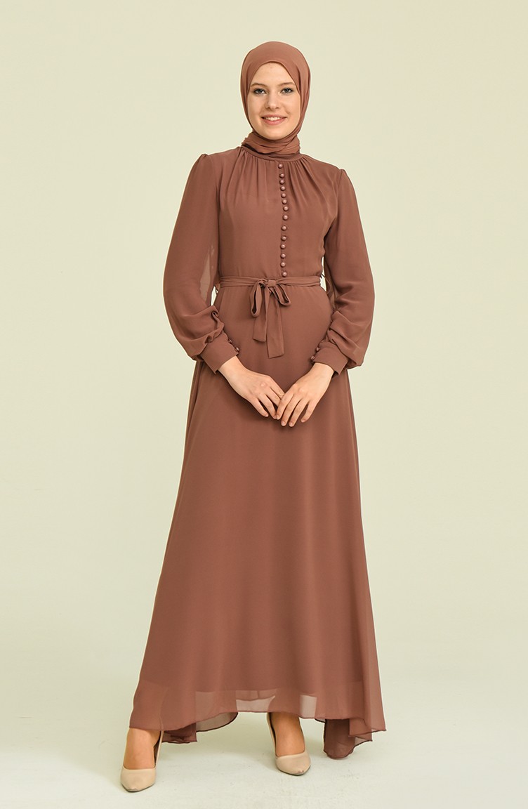Düğme Detaylı Şifon Abiye Elbise 5695-04 Kahverengi | Sefamerve