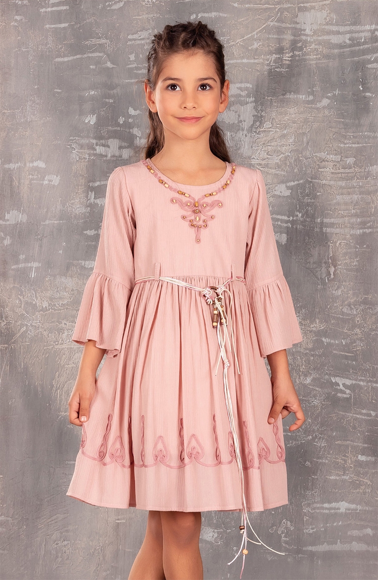 Uzun Kollu Kemerli Kız Çocuk Elbise TVD1841UK-01 Pudra | Sefamerve