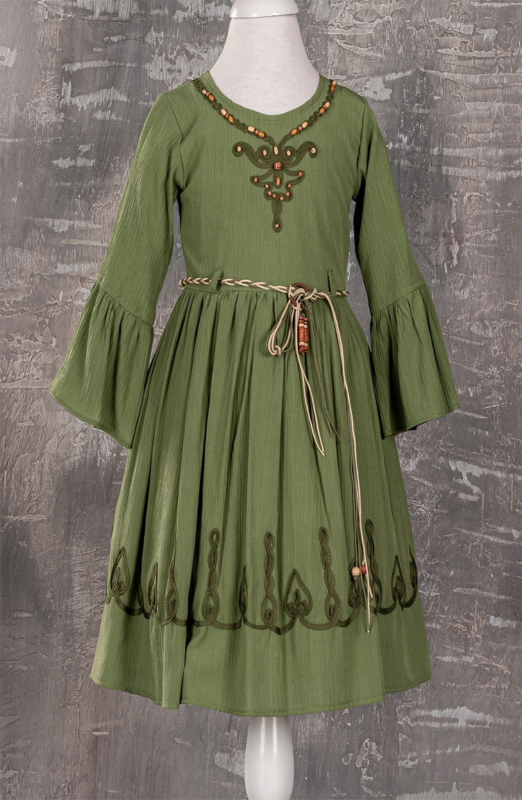 Uzun Kollu Kemerli Kız Çocuk Elbise TVD1841UK-04 Yeşil | Sefamerve
