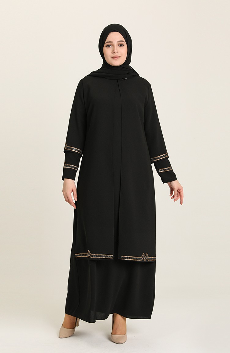 Büyük Beden Takım Görünümlü Abiye Elbise 4000-04 Siyah | Sefamerve