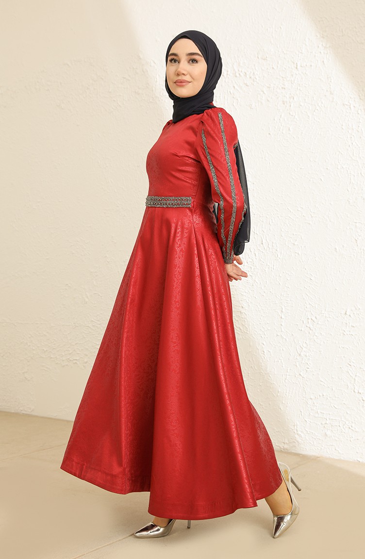 فساتين سهرة بتصميم اسلامي أحمر كلاريت 13430 | Sefamerve
