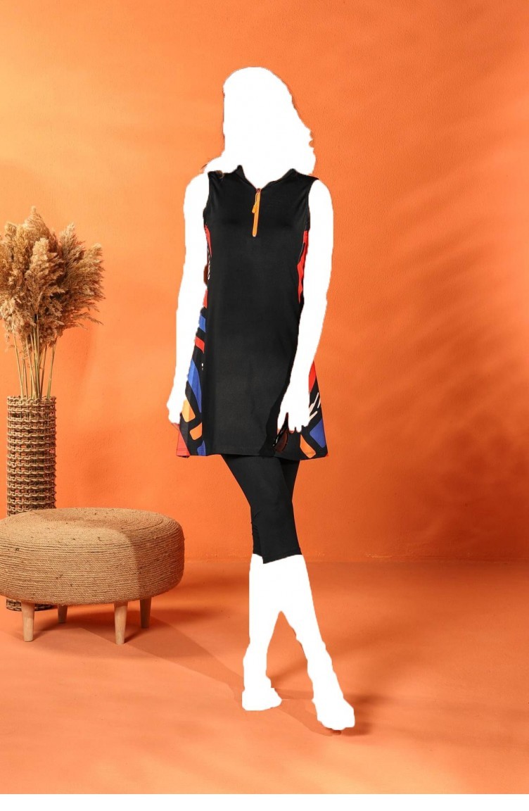 Marina Siyah Kadın Desen Detaylı Tasarım Yarı Kapalı Mayo M2215 | Sefamerve