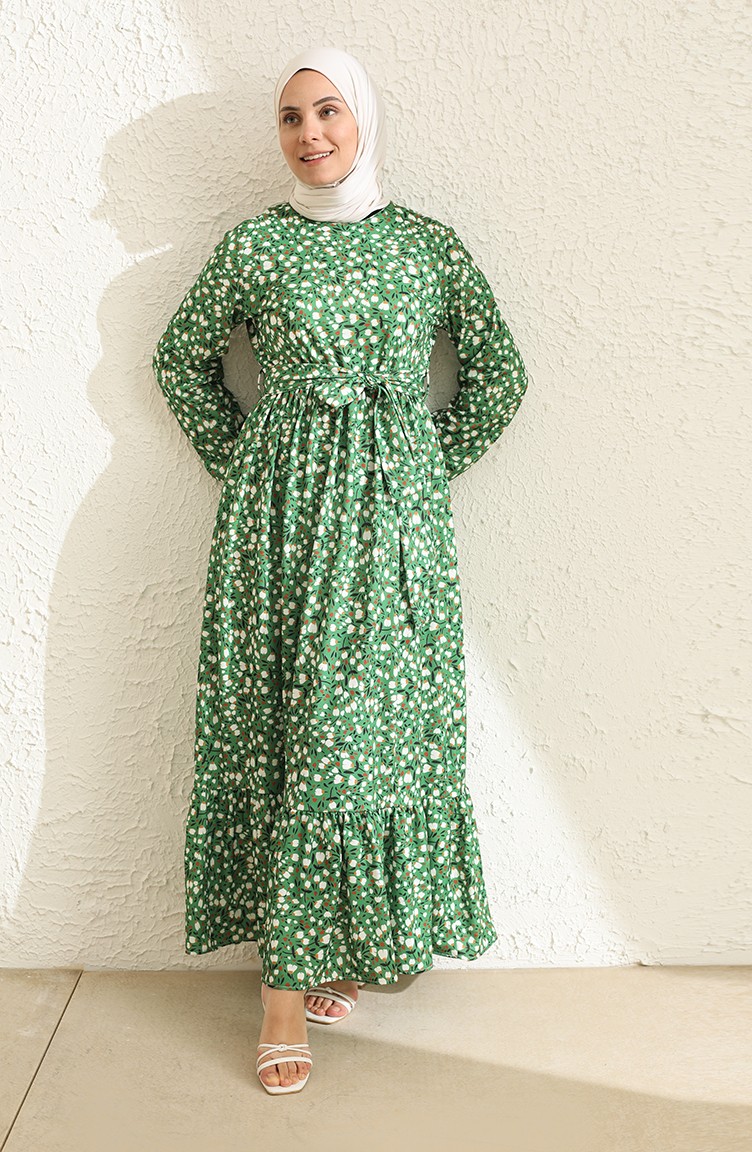 Desenli Kuşaklı Elbise 3801F-01 Yeşil | Sefamerve