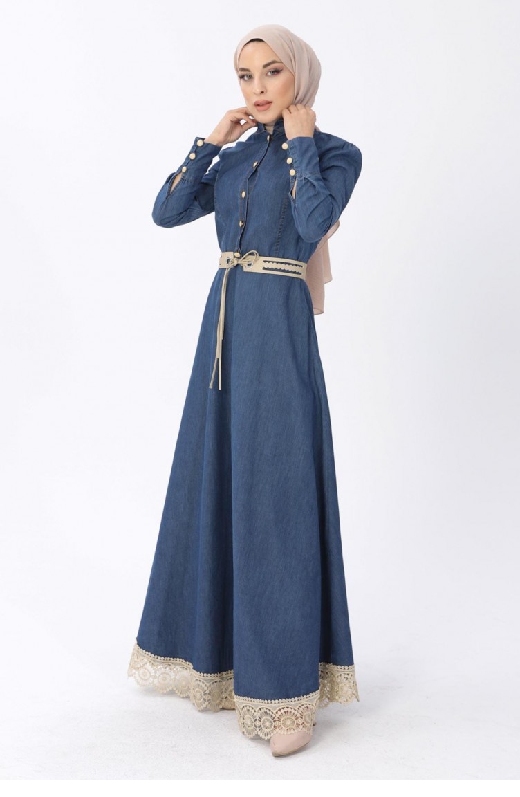 Dantel Detaylı Kot Elbise Koyu Mavi 8124 Koyu Kot | Sefamerve