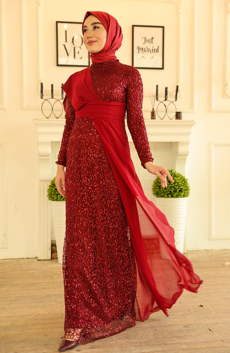 Claret Red Hijab Evening Dress 5618-03 | Sefamerve