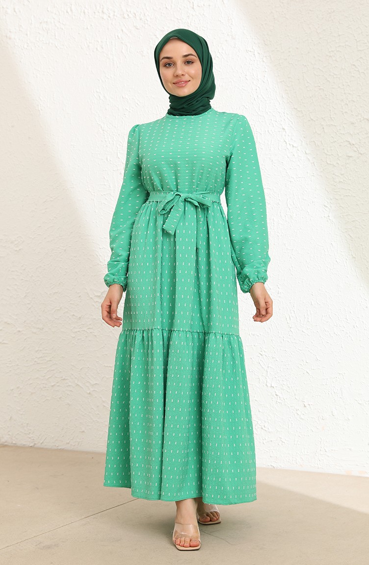 Pıtpıt Desenli Kuşaklı Elbise 6006-05 Yeşil | Sefamerve