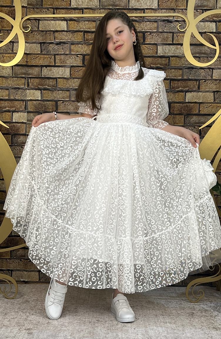 Fırfır Yakalı Uzun Dantel Kız Çocuk Elbisesi- Çantalı PMDNSFY-02 Beyaz |  Sefamerve