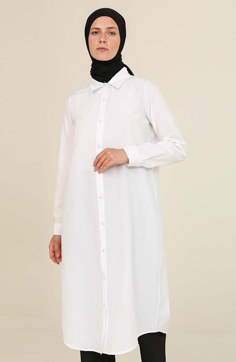 Düğmeli Uzun Gömlek Tunik 5003-01 Beyaz | Sefamerve