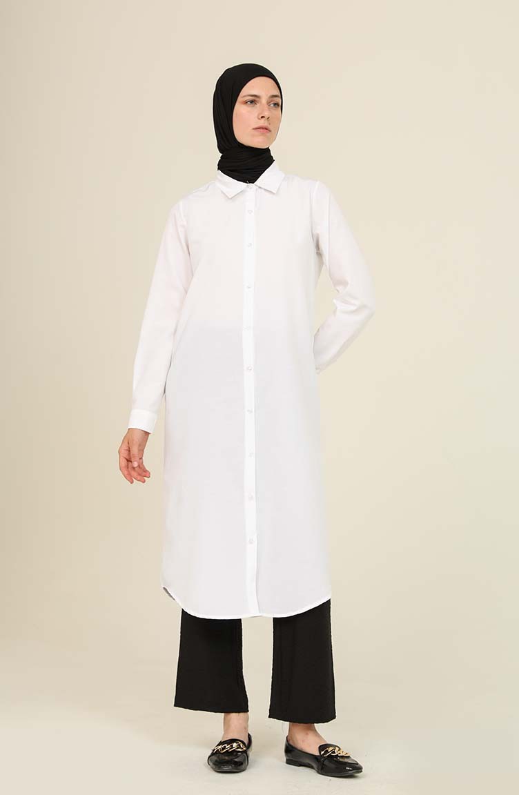 Düğmeli Uzun Gömlek Tunik 5003-01 Beyaz | Sefamerve