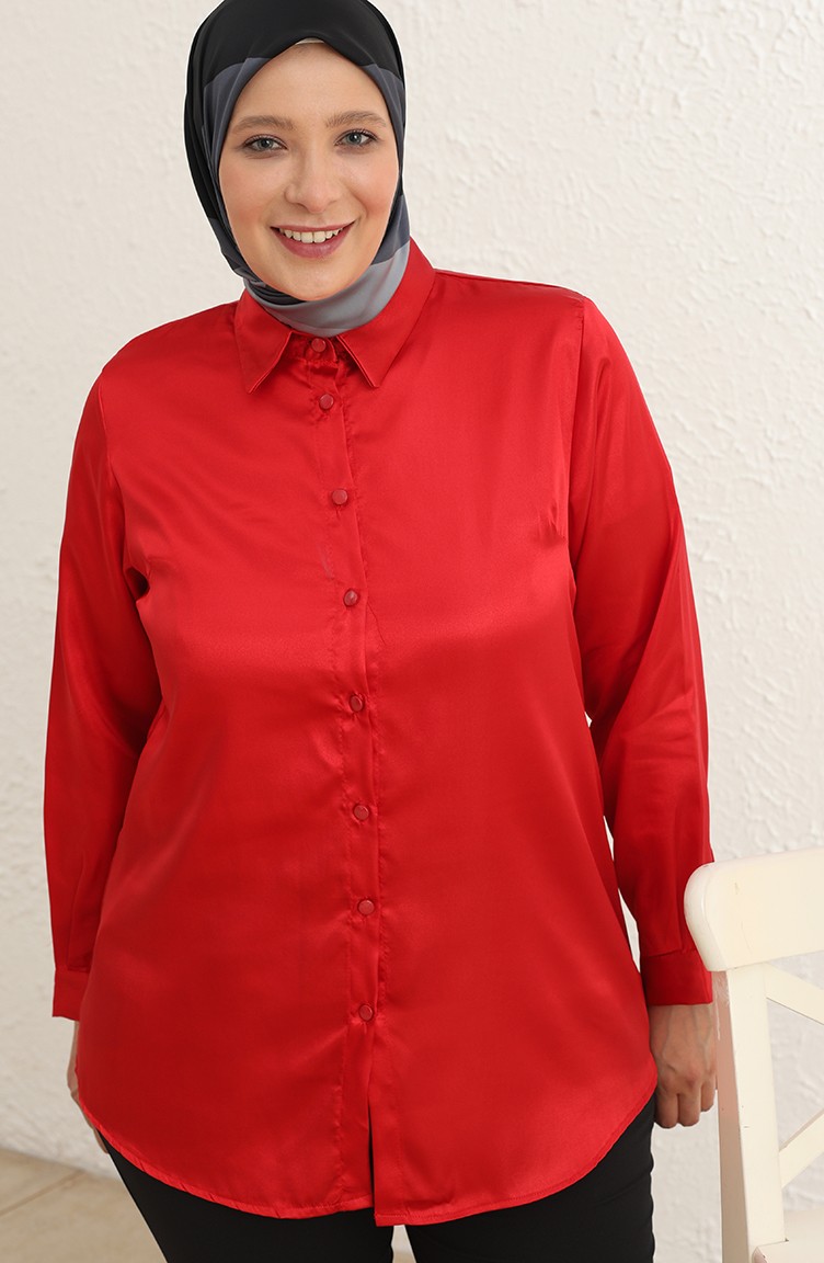 Büyük Beden Saten Bayan Gömlek 3609-04 Kırmızı | Sefamerve