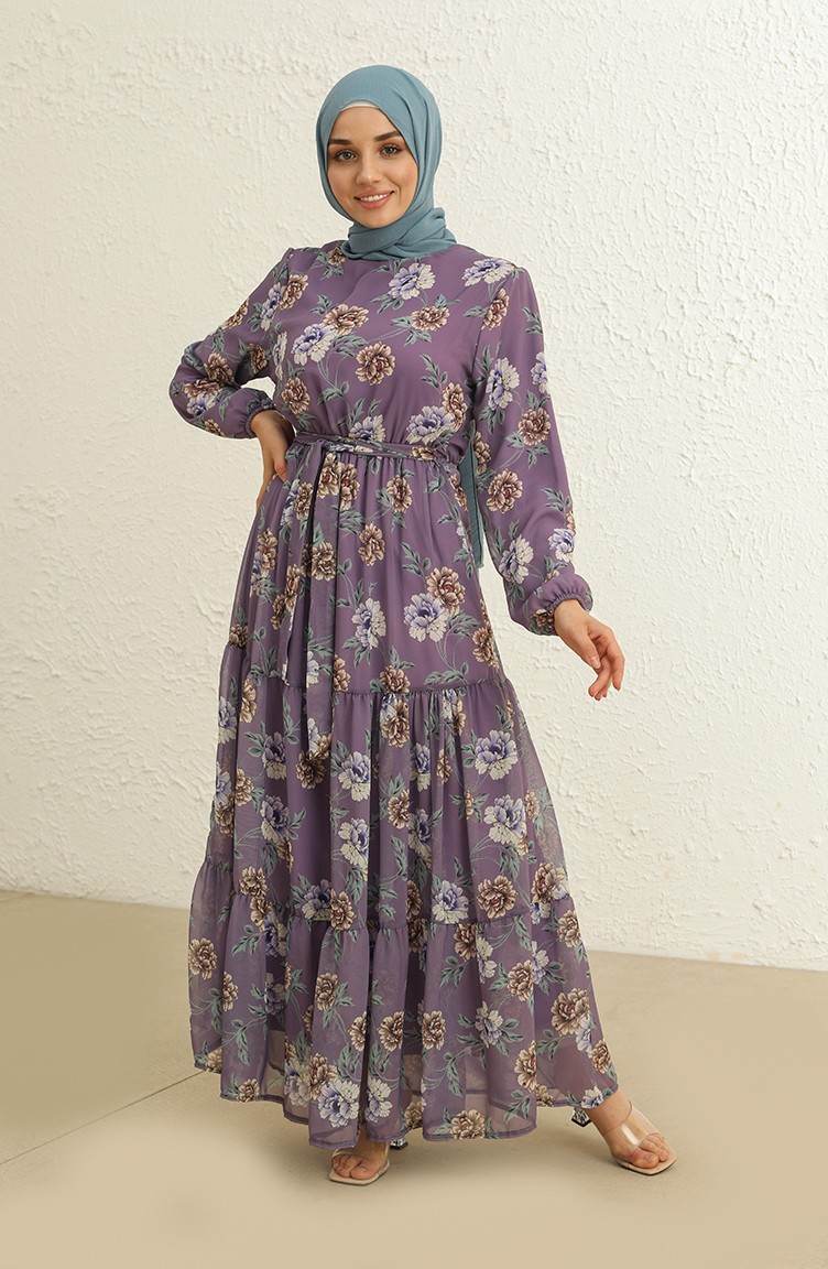 Eteği Fırfırlı Çiçek Desenli Şifon Tesettür Elbise 4051-01 Lila | Sefamerve