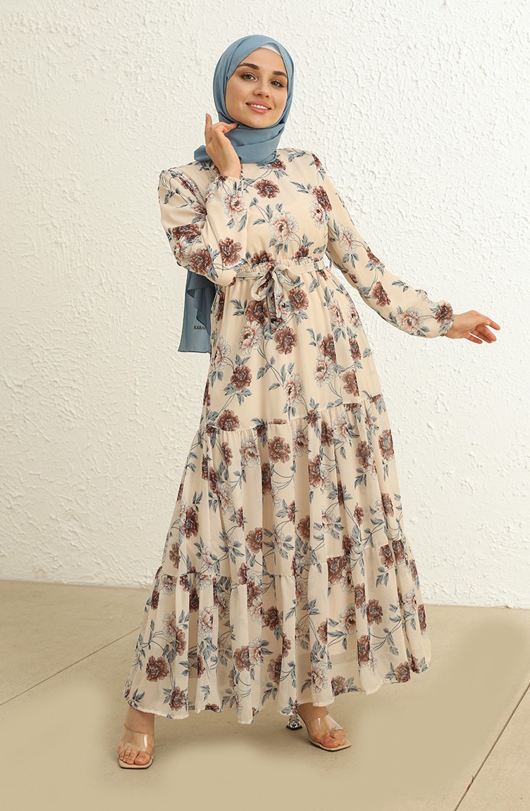 Cream Hijab Dress 4051-02 | Sefamerve