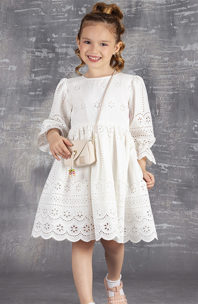 Fisto Kumaş Çantalı Kız Çocuk Elbisesi TVD2289UF-01 Beyaz | Sefamerve