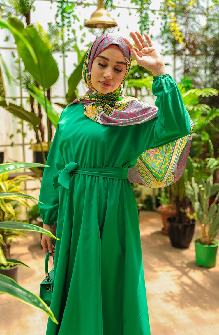 Yarasa Kol Kuşaklı Elbise 2289-04 Yeşil | Sefamerve