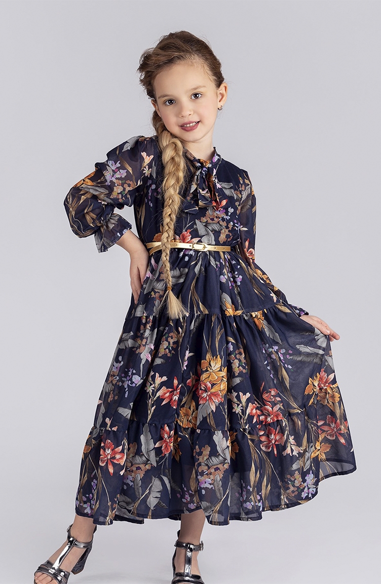 Uzun Çiçekli Şifon Kız Çocuk Elbisesi - Kemerli PMUZ101C-01 Lacivert |  Sefamerve