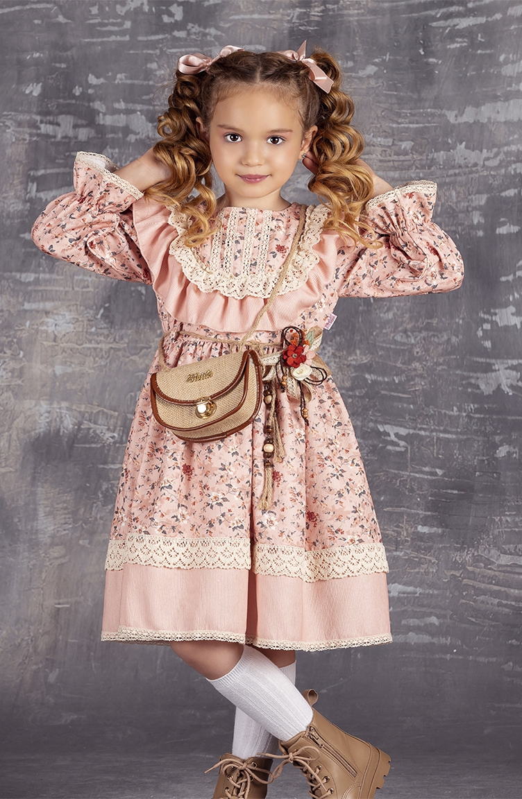 Kışlık Çiçek Desenli Kız Çocuk Elbisesi-çantalı TVD2311KD-01 Somon |  Sefamerve
