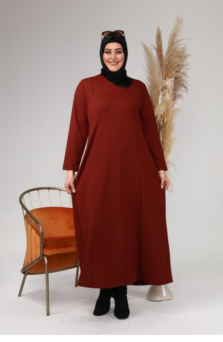 Kadın Büyük Beden Ay Yaka Kışlık Triko Elbise 8123 Kiremit | Sefamerve