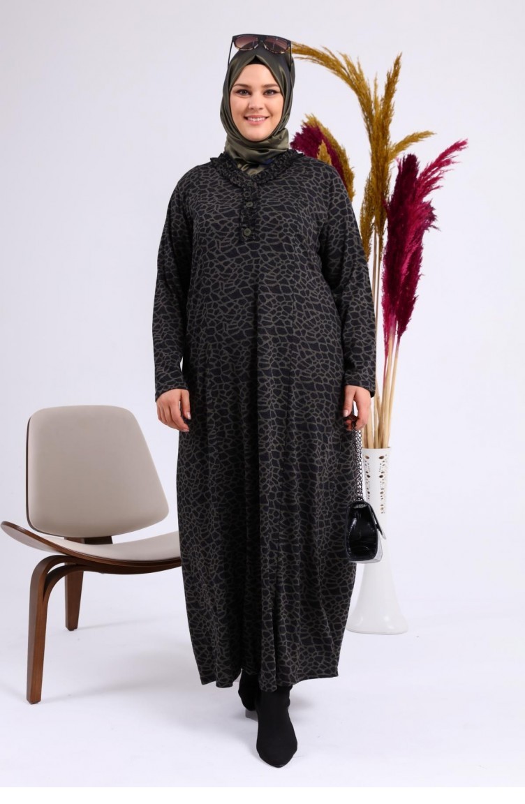 Kadın Büyük Beden Leopar Desenli Anne Elbisesi Kışlık 8143 Haki | Sefamerve