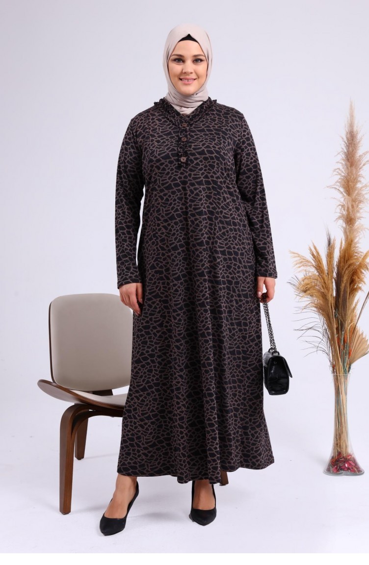 Kadın Büyük Beden Leopar Desenli Anne Elbisesi Kışlık 8143 Vizon | Sefamerve