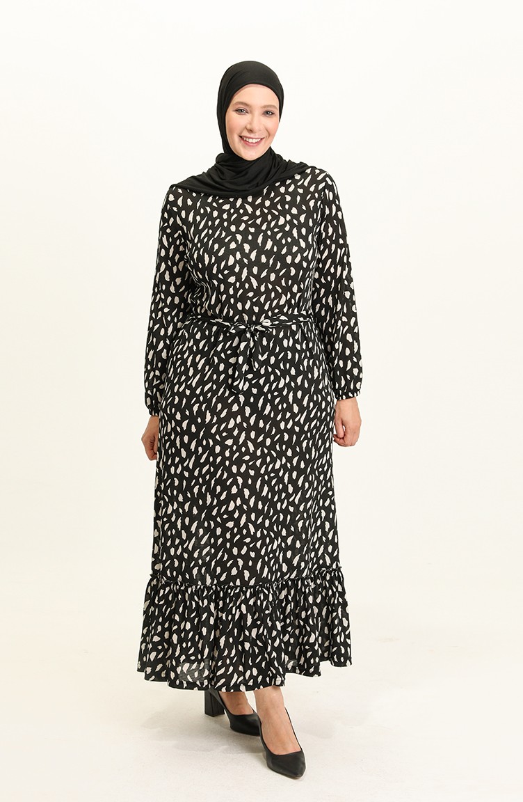 Farbalı Büyük Beden Elbise 4574-01 Siyah | Sefamerve