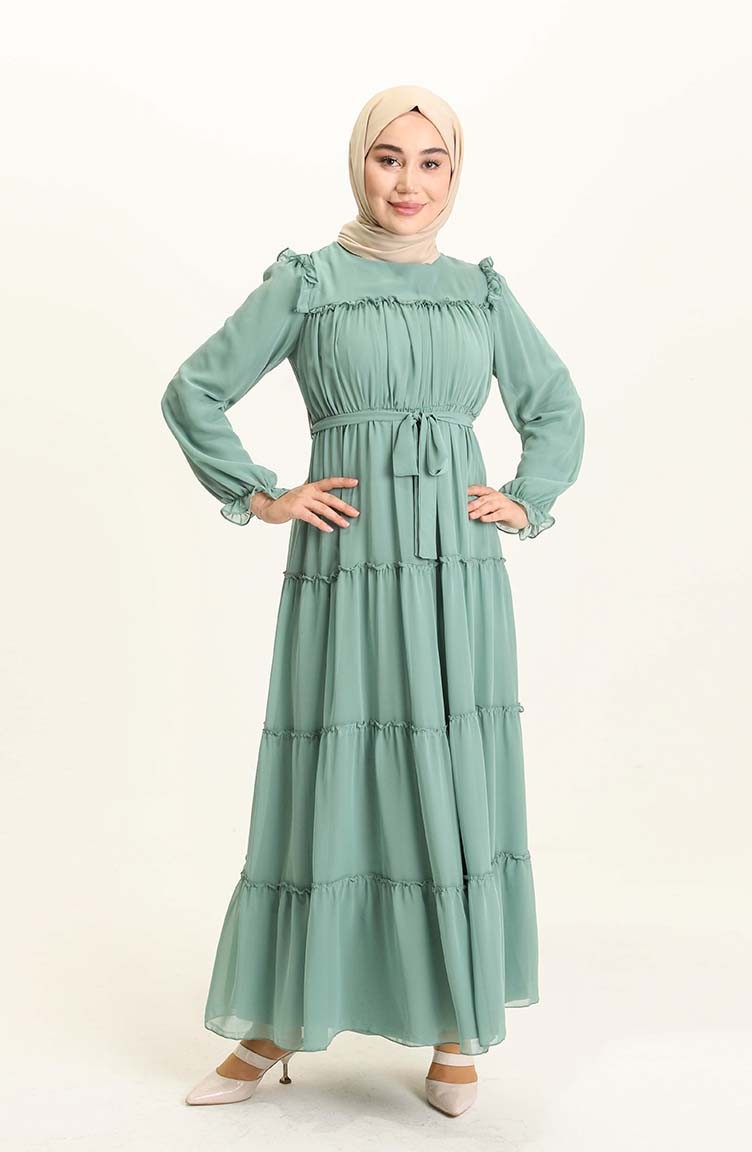 Fırfırlı Kuşaklı Elbise 5797-01 Çağla Yeşili | Sefamerve