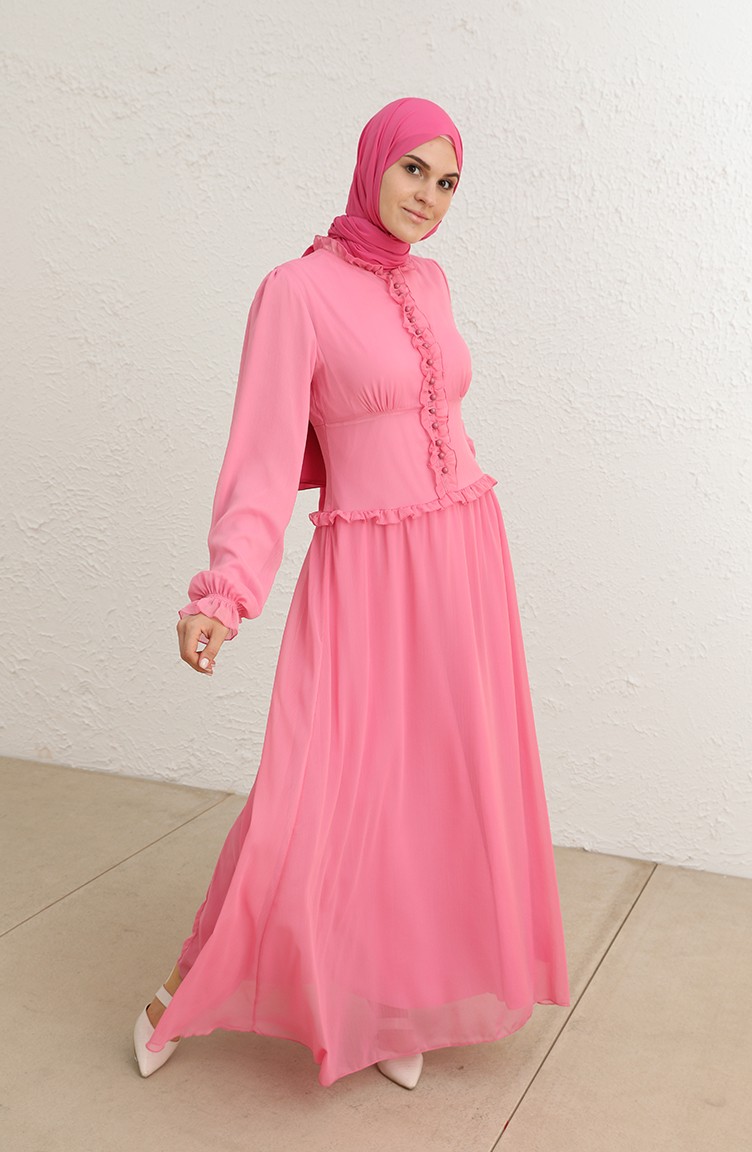 Front Button Evening Dress Pink 8107-10 | Sefamerve