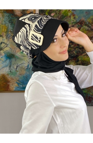 Zebra Desen Tokalı Tesettür Şapka 19AGS22ŞP08-03 Siyah Beyaz