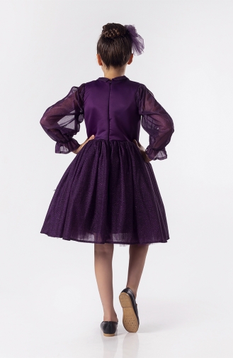 Parlak Kumaşlı Kız Çocuk Abiye Elbise - Tokalı PMDSMT-01 Mürdüm