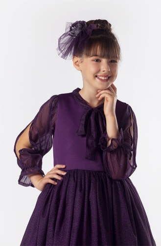 Parlak Kumaşlı Kız Çocuk Abiye Elbise - Tokalı PMDSMT-01 Mürdüm