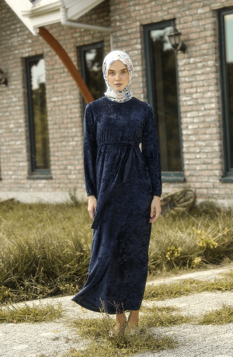 Kuşaklı Kadife Elbise 1782-03 Lacivert | Sefamerve