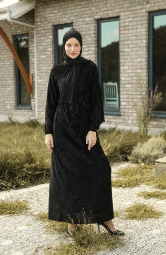 Kuşaklı Kadife Elbise 1782-01 Siyah | Sefamerve