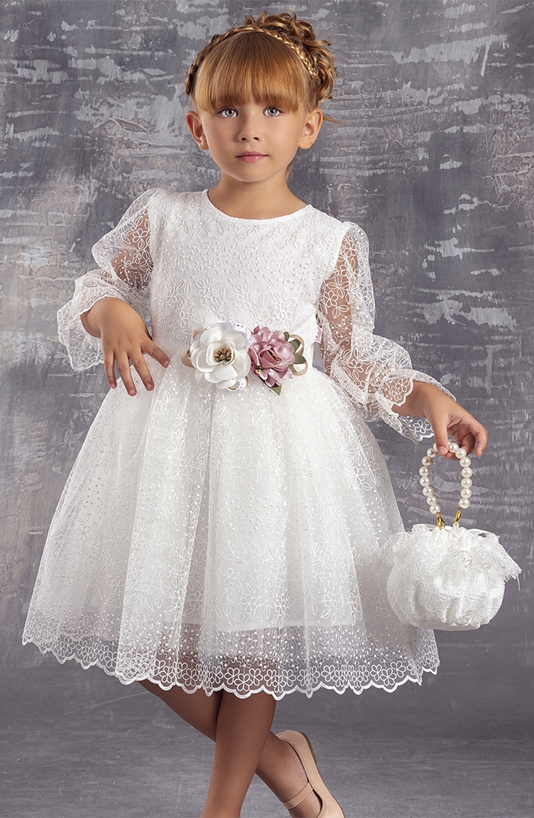 Çiçek Desenli Kız Çocuk Abiye Elbise – Çantalı TVD2231CCKTL-01 Beyaz |  Sefamerve
