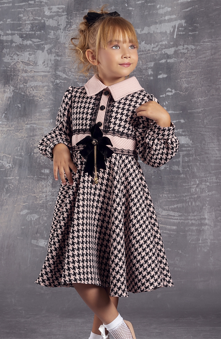 Ekose Desenli Yakalı Kışlık Kız Çocuk Elbisesi TVD2306YKL-01 Pembe |  Sefamerve