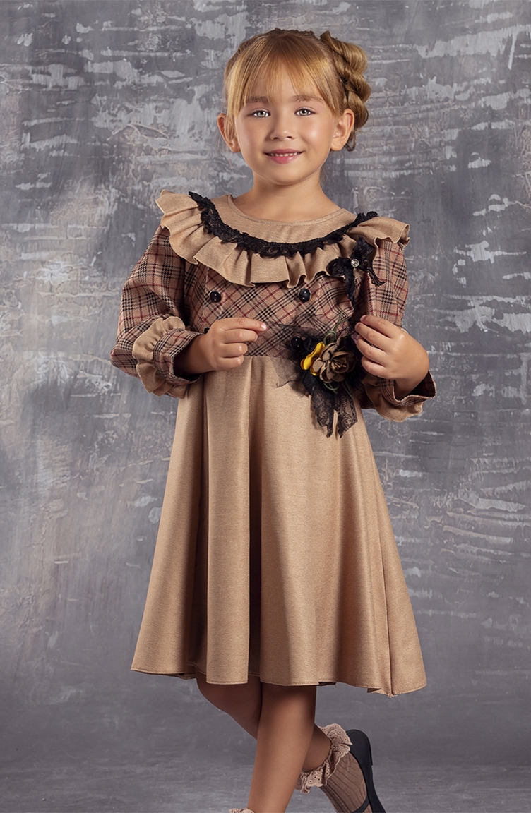 Fırfır Yakalı Ekose Desenli Kışlık Kız Çocuk Elbise TVD2310EKSE-01 Bej |  Sefamerve