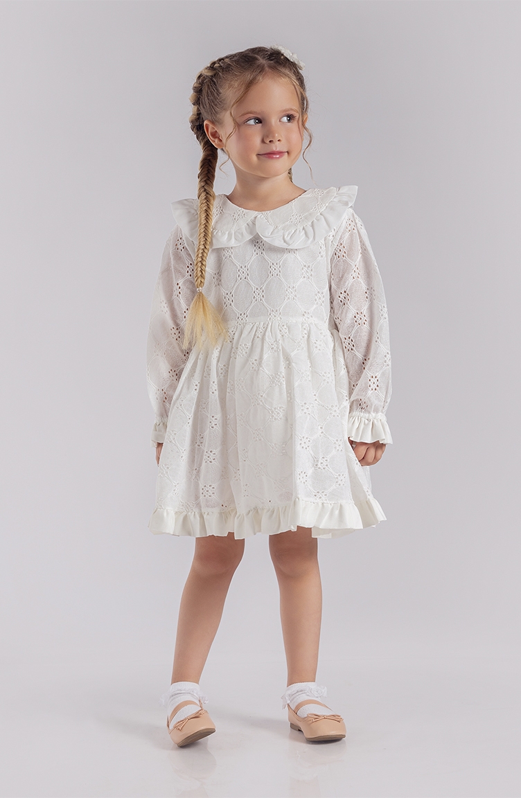 Dantel Bebe Yaka Uzun Kollu Kız Bebek Elbisesi MNF221167-01 Beyaz |  Sefamerve