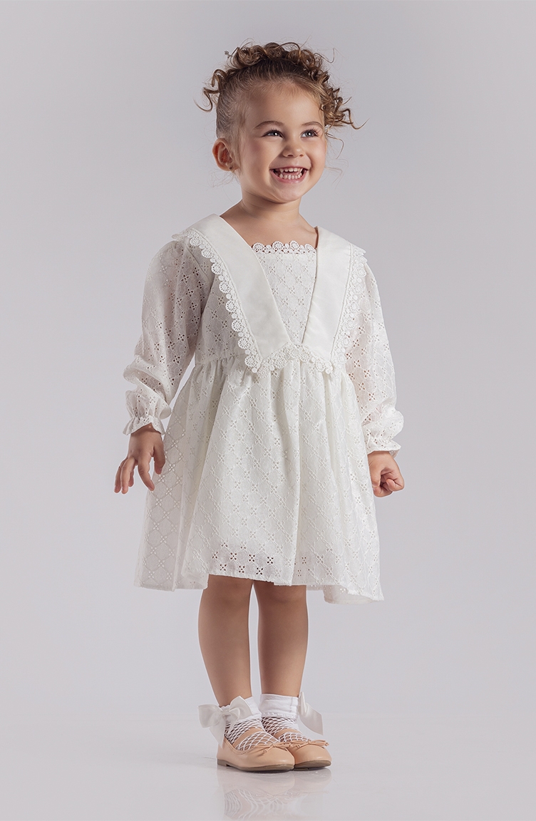 Dantel Motifli Uzun Kollu Kız Bebek Elbisesi MNF221168-01 Beyaz | Sefamerve