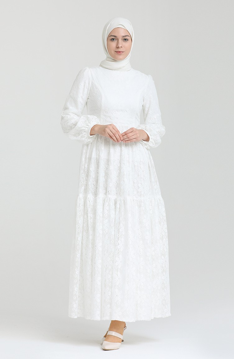 Dantel Kaplama Elbise 80141-02 Beyaz | Sefamerve