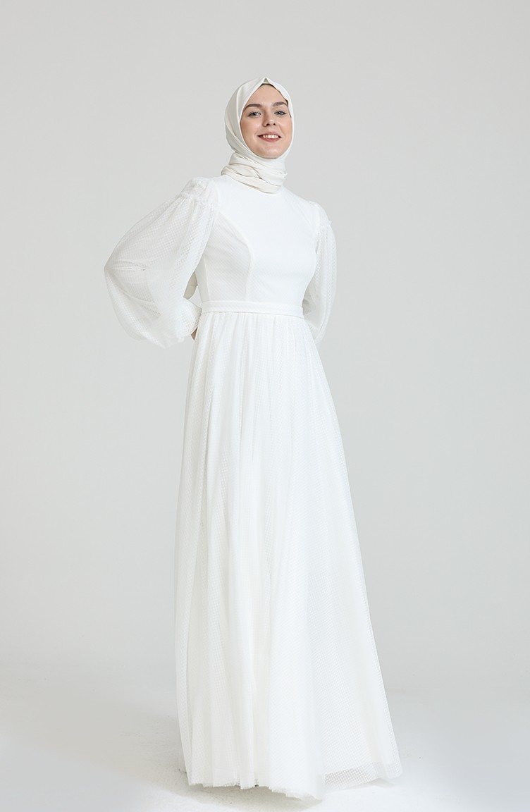 فساتين سهرة بتصميم اسلامي أبيض 80120-01 | Sefamerve