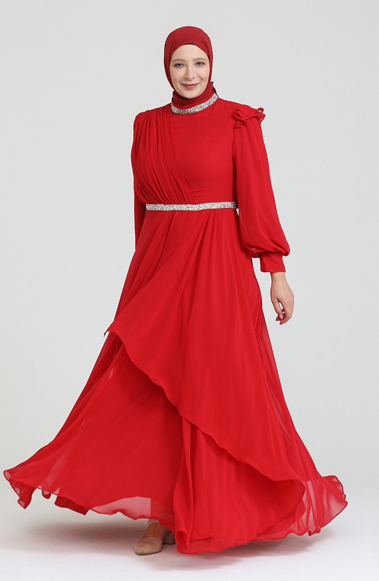 Büyük Beden Taş Baskılı Tesettür Abiye Elbise 4911-08 Kırmızı | Sefamerve