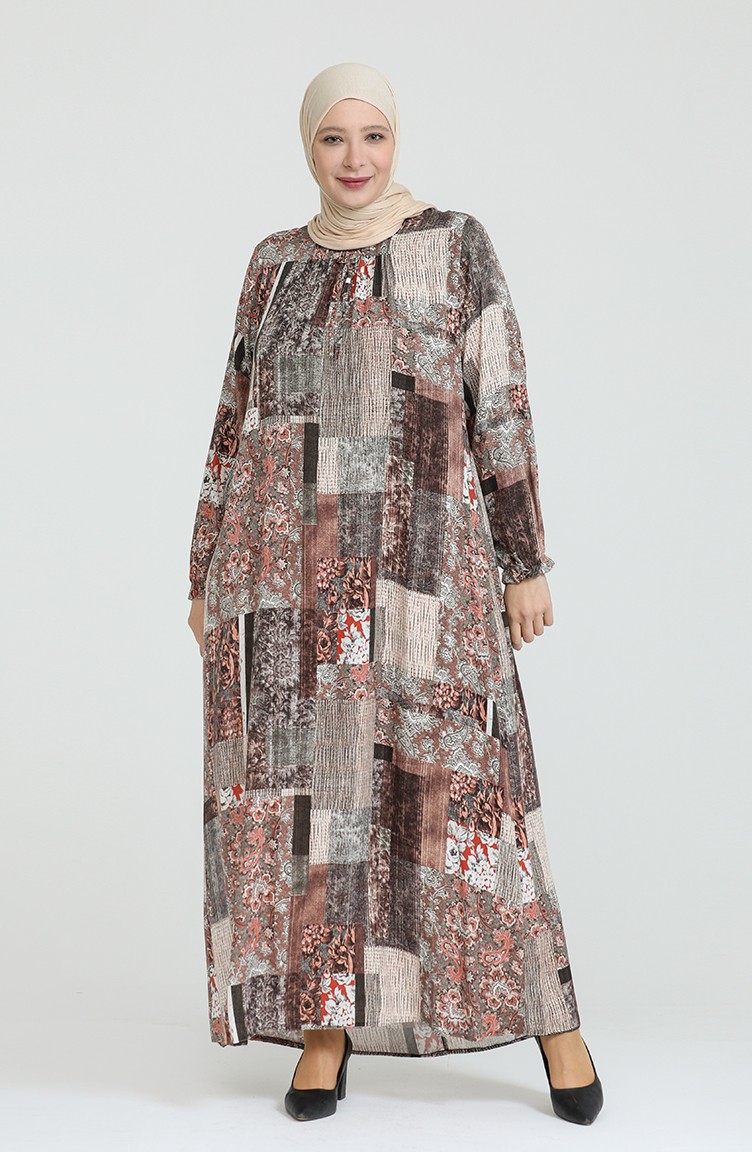 Kadın Büyük Beden Leopar Desenli Viskon Elbise 8408 Vizon | Sefamerve