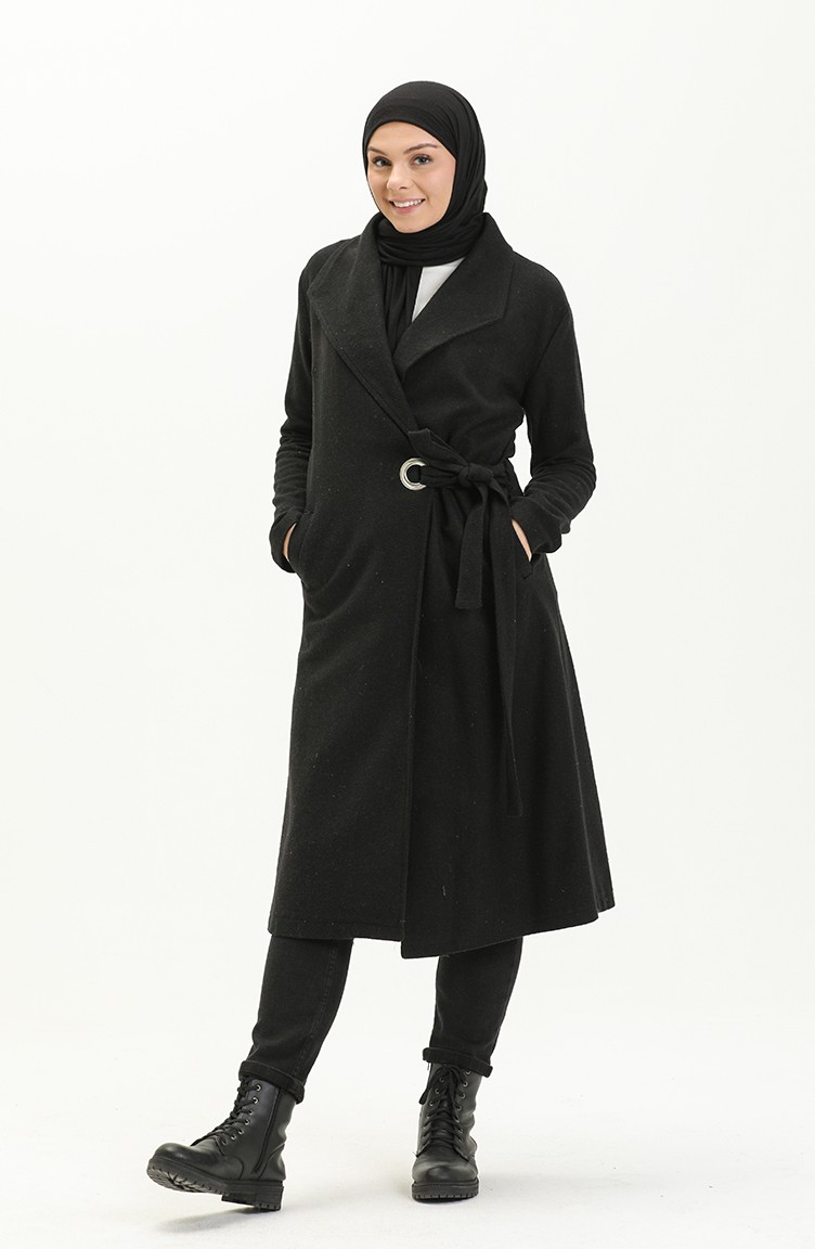 معطف طويل أسود 6040-01 | Sefamerve