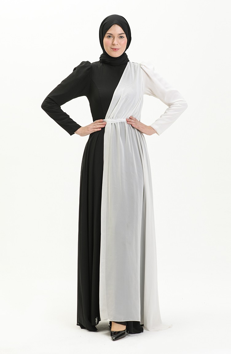 Renk Garnili Şifon Abiye Elbise 5606-01 Siyah Beyaz | Sefamerve