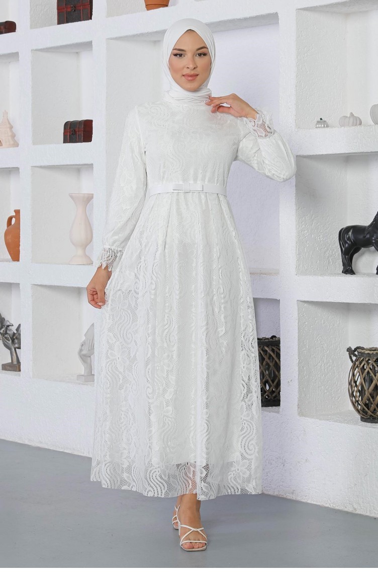 Dantelli Kemerli Elbise Beyaz 17600 | Sefamerve
