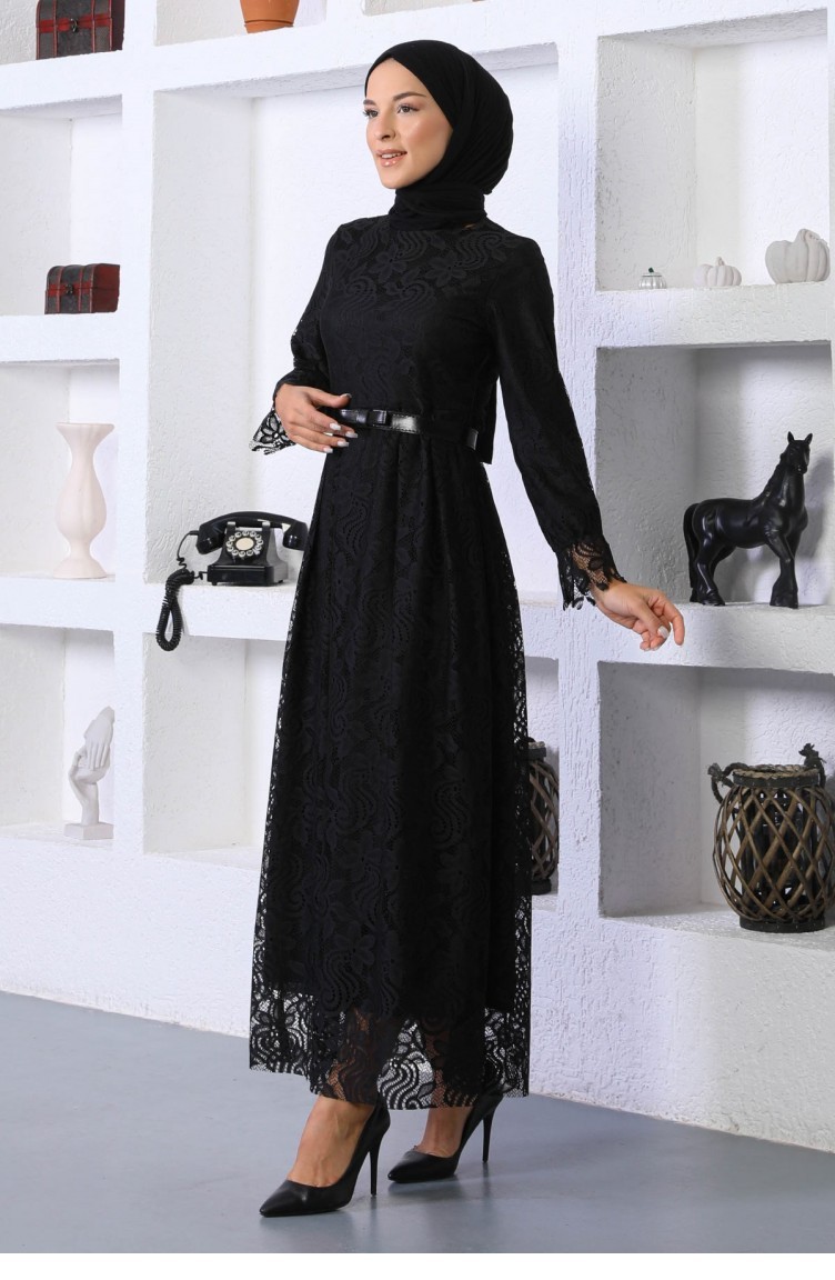 Dantelli Kemerli Elbise Siyah 17600 | Sefamerve