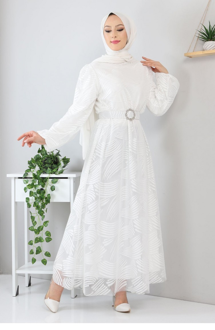 Kemerli Dantelli Elbise Beyaz 13300 | Sefamerve