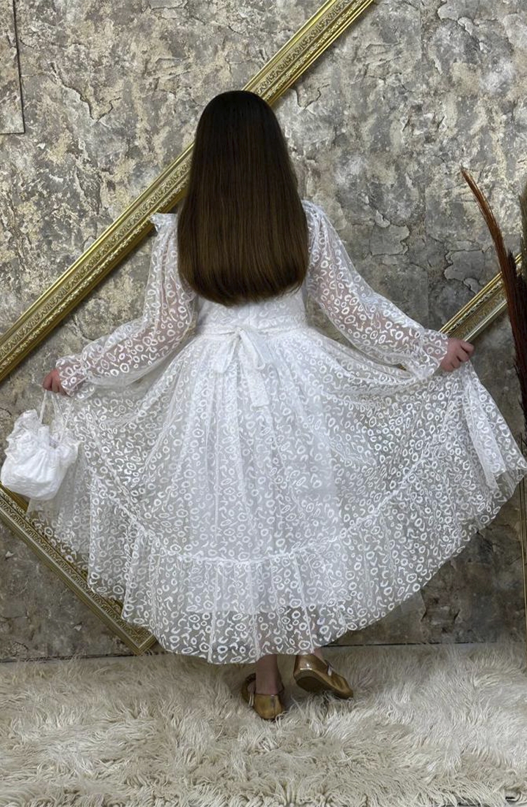 Fırfır Yakalı Uzun Kollu Dantel Kız Çocuk Elbisesi- Çantalı PMDUZNDNTL-03  Beyaz | Sefamerve
