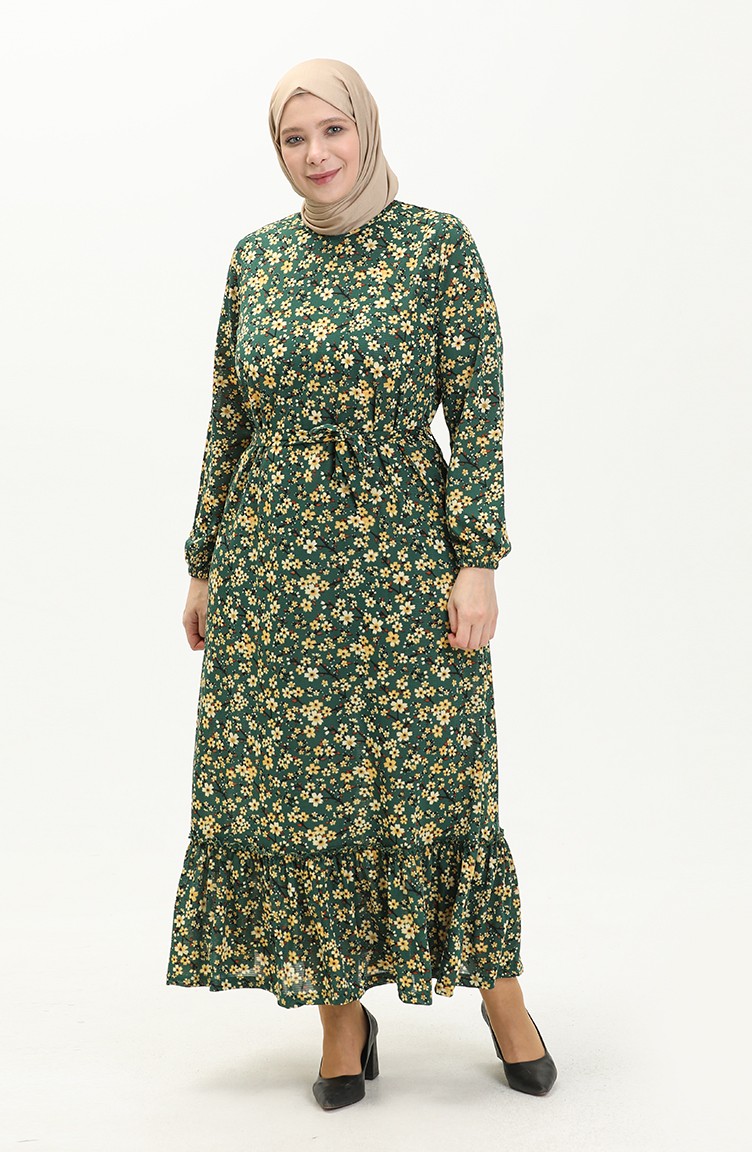 Farbalı Büyük Beden Elbise 4574B-04 Yeşil | Sefamerve