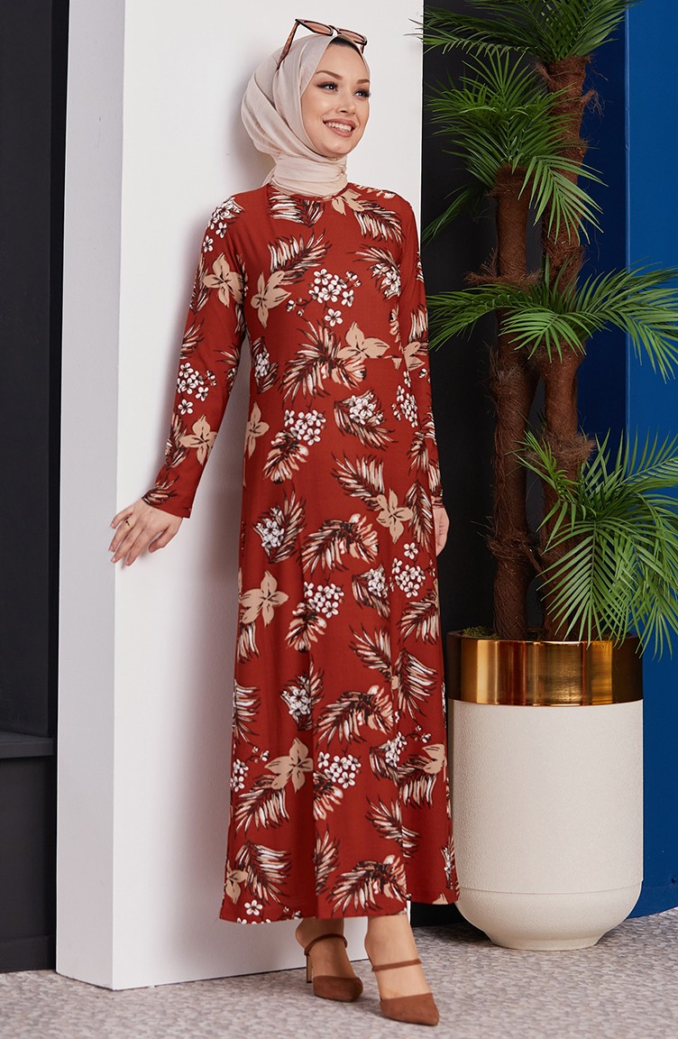 Tofisa Çiçek Desenli Elbise 8462-01 Kiremit | Sefamerve